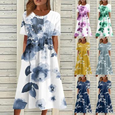 Women's Casual Dresses Printed Dresses Summer Dresses Printed Pleated Round Neck Midi Dresses Basic Classic Outdoor Daily Short Sleeve Loose Dresses
