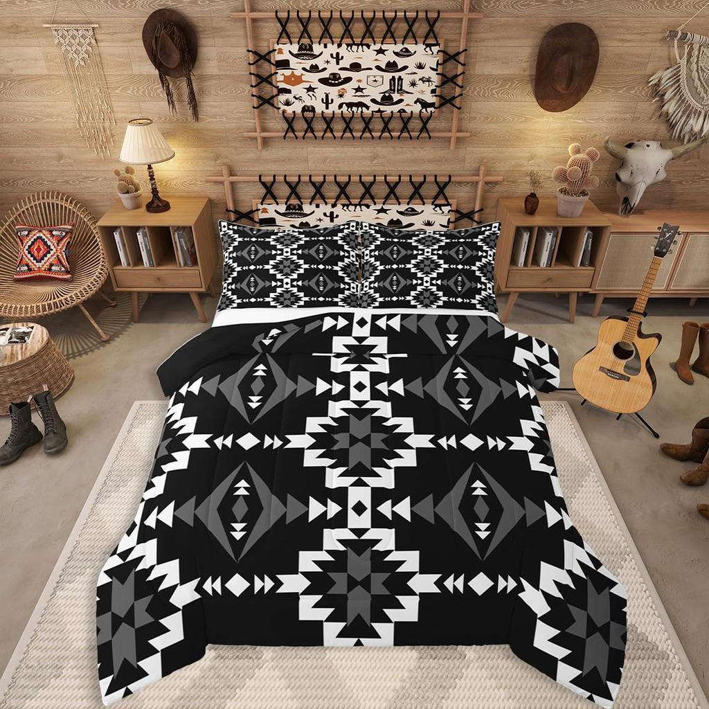 Erosebridal Western Aztec Comforter Set King Size, Boho Farmhouse Bedding Set for Kids Boys Teens Ethnic Southwest Bull Skull Cow Quilt Amer