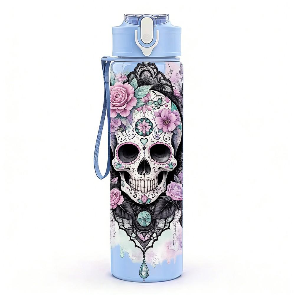 1PC Rose Sugar Skull Dark Floral Art 750ml Color Plastic Sports Water Bottle Leakproof Flip Straw Lid Suitable for Sports Office Home Use