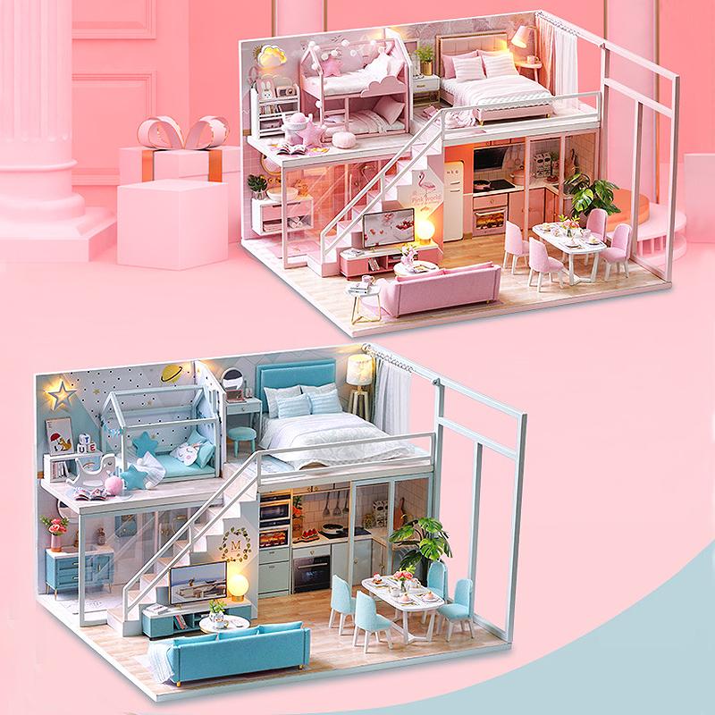 Puppenhaus Bausatz 3D Holz Mini Puppenhaus Montage Gebäude mit Möbelbausatz Spielzeug Kinder Geburtstagsgeschenk 3D Puzzle Handgefertigt