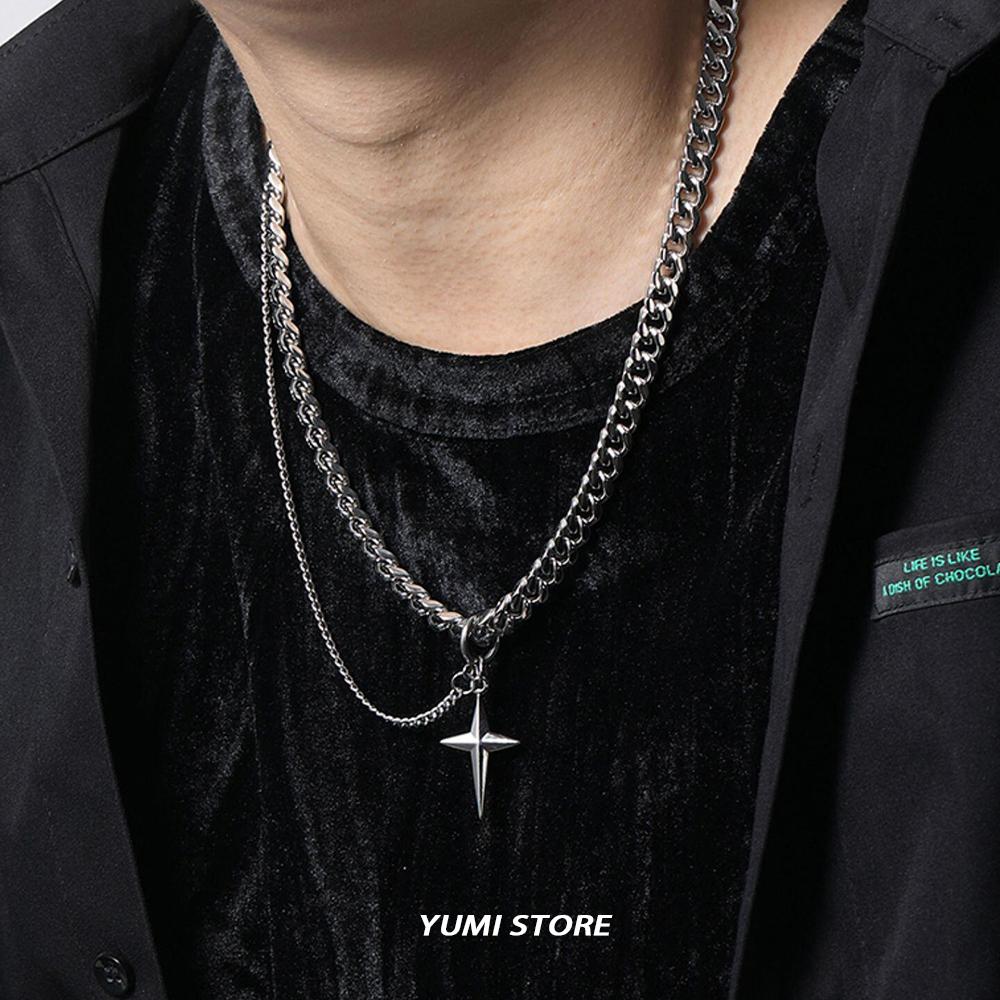 Collana con Ciondolo Stella Cubana a Doppio Strato per Uomo Acciaio al Titanio Design Hip-Hop Catena per Clavicola Unisex Vendita all'Ingrosso