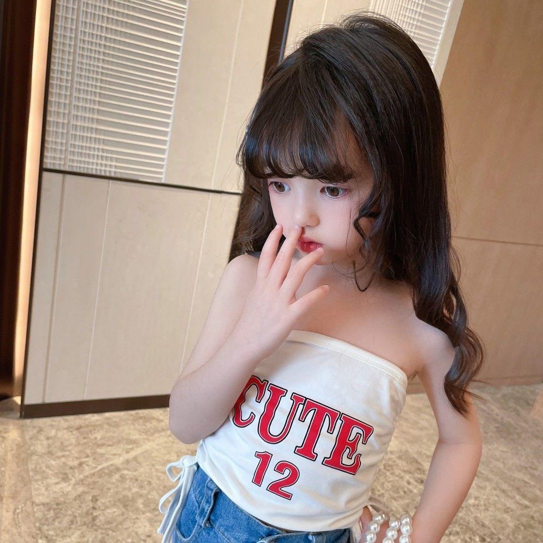Girls CUTE 12 Letter Print Strapless Tube Top, Side Drawstring Sleeveless Cropped Kids Camisole 90cm