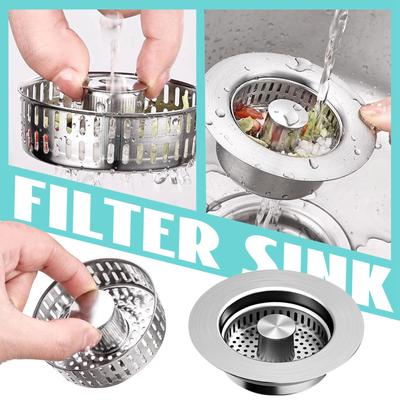 Kitchen Sink Strainer (3-in-1), 304 Stainless Steel Sink Stopper, Anti-Clogging Sink Strainer For US Standard 3-1/2 Inch Kitchen