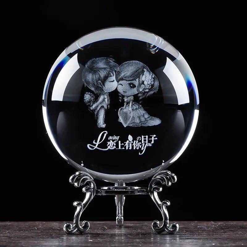 60mm 3D Crystal Ball Laser Engraved Glass Ornaments Animal Figurine Collectibles Paperweight Home Art Decor with Stand