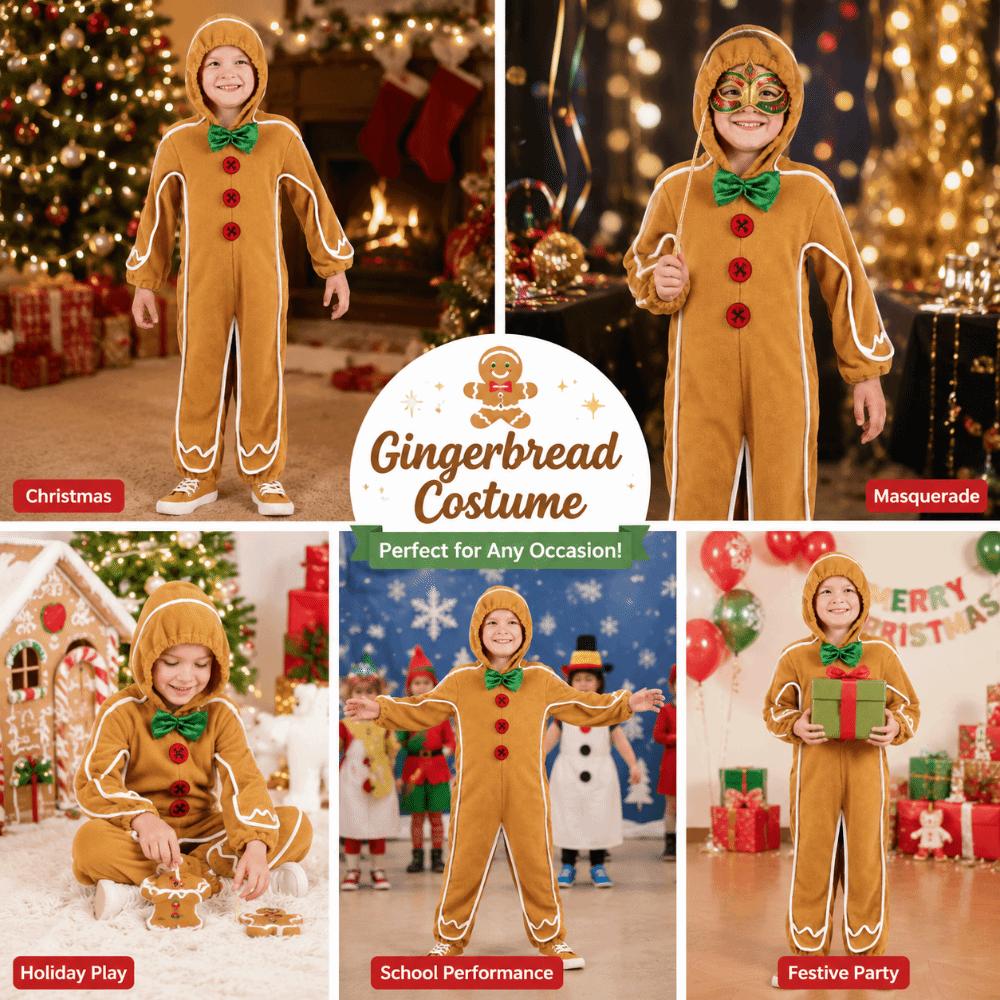 Zipper Closure Gingerbread Cosplay Jumpsuit Hooded Christmas Costume  for Kids