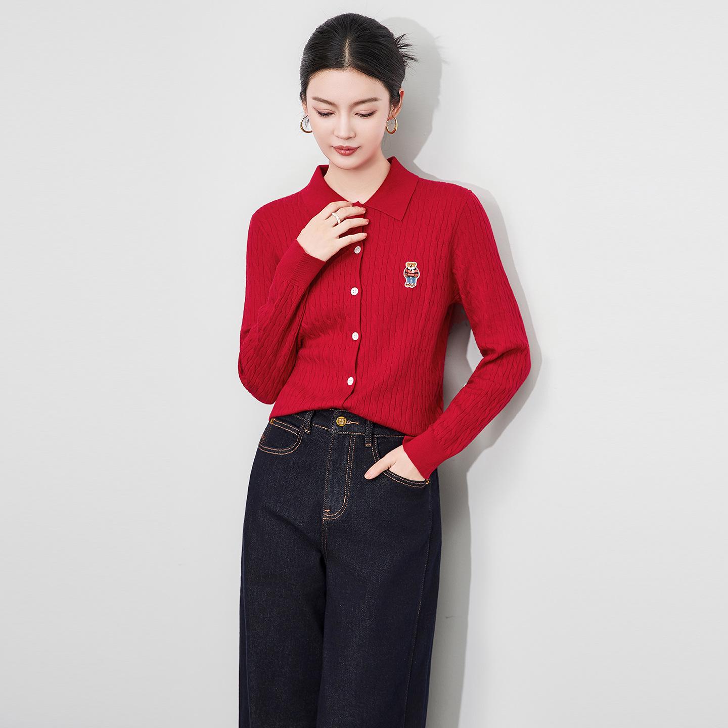 

Женская ретро трикотажная рубашка-поло с длинным рукавом и маленьким мишкой XL красный