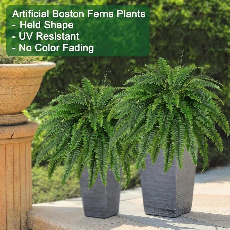 Artificial Boston Fern Bush- Set of 2 Large Artificial Ferns for Outdoors, 42Inch Large Faux Ferns, 51Branches for Each Bouquet