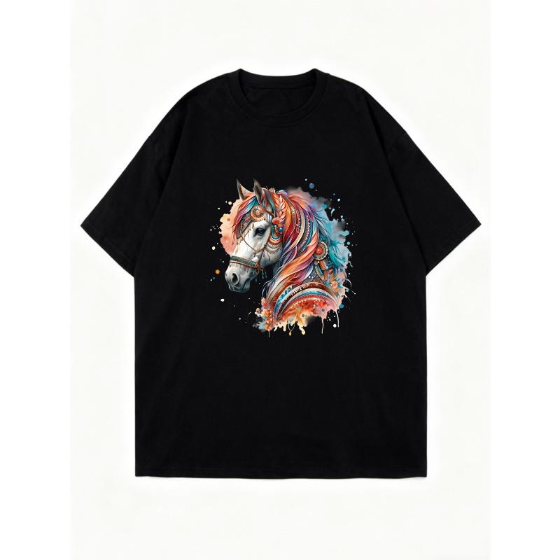 Oversized T Shirt Black Horse Head Art Print Casual Wear For Women Streetwear Fashion Statement Piece