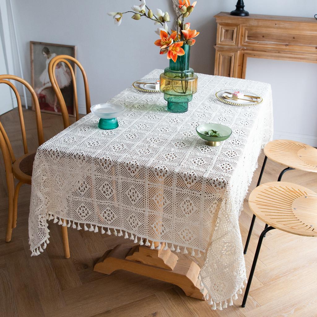 Cotton-woven Hollow Tablecloth,With Tassel Rectangle Table Cloths for Kitchen Party Holiday Christmas Dining Table Decor