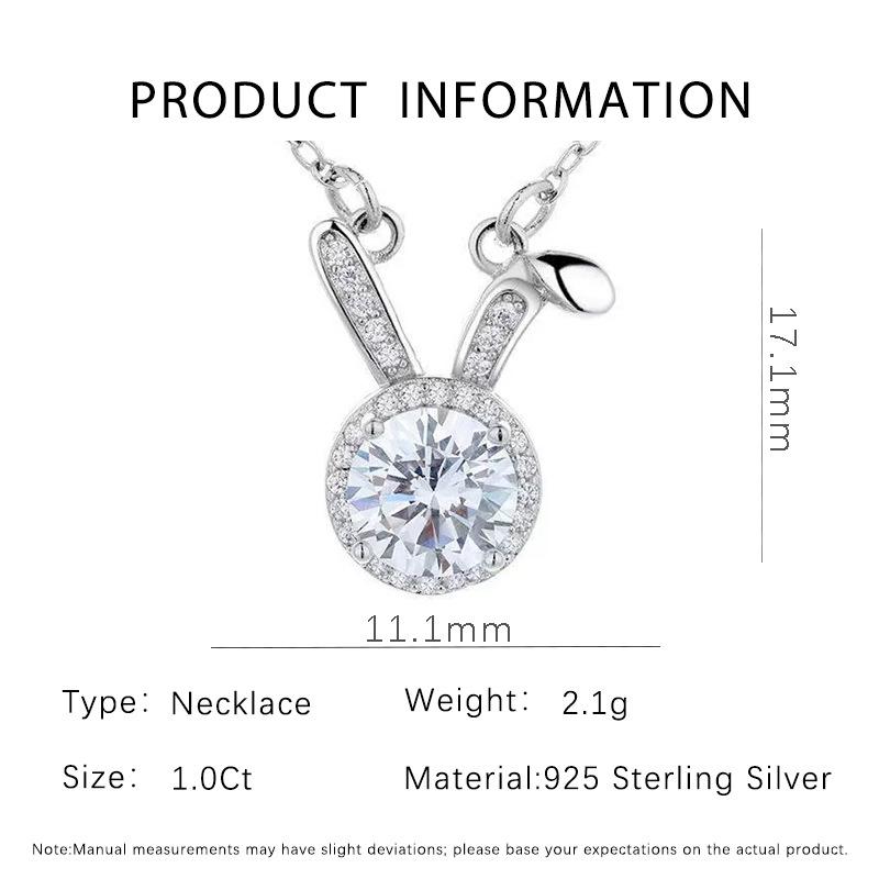 S925 Sterling Silver Moissanite Rabbit Ear Pendant Necklace for Women - Cute Douyin-Inspired Style