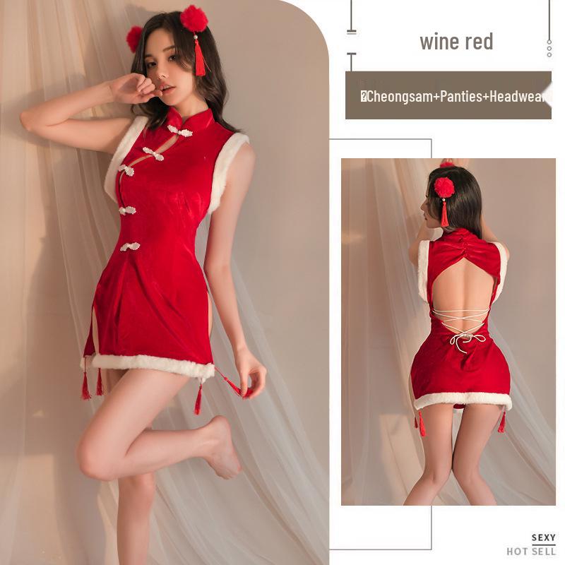 Retro Christmas Cheongsam Lingerie: Cute Red Backless New Year Doll Dress