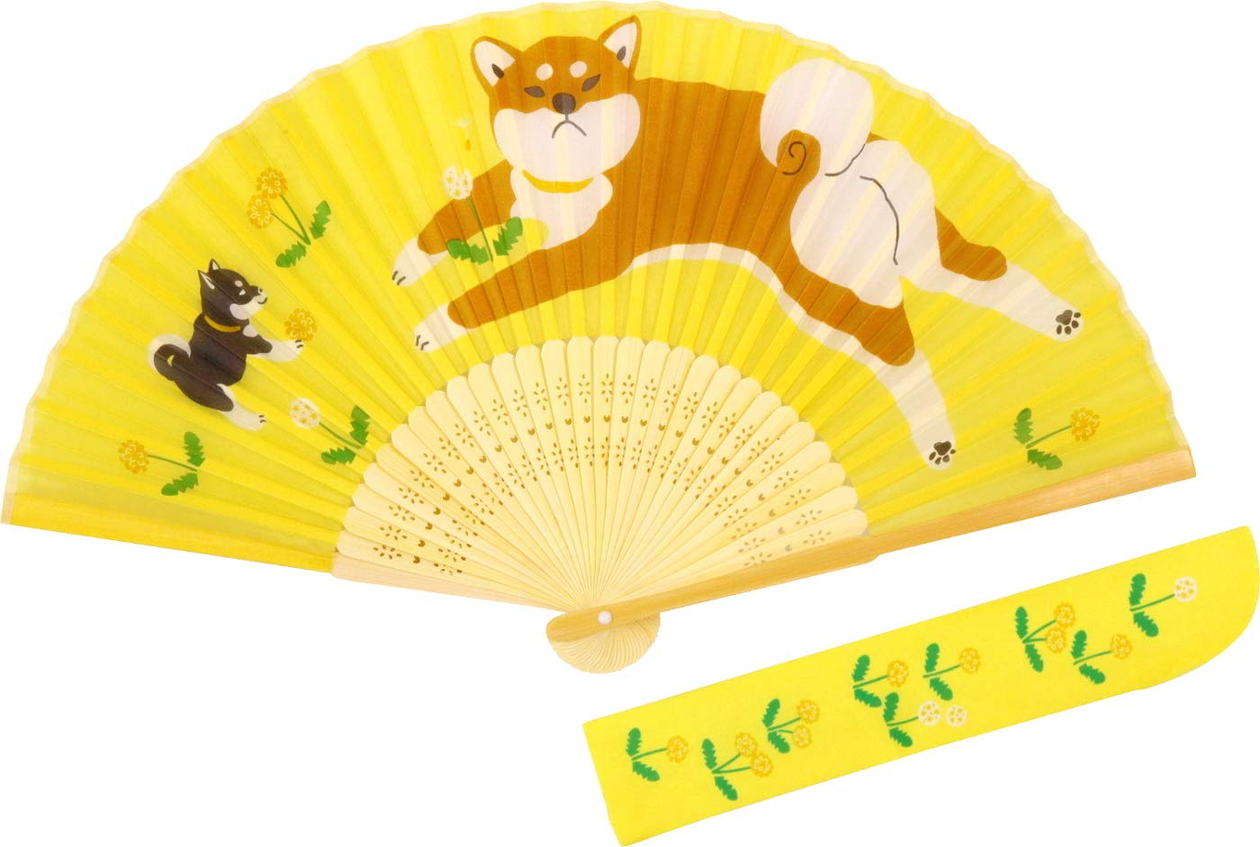 Kyosuke Japanese Pattern Silk Fan with Pouch Dog 21 x 38 x cm Dog Goods - (Yellow) 2.5 -