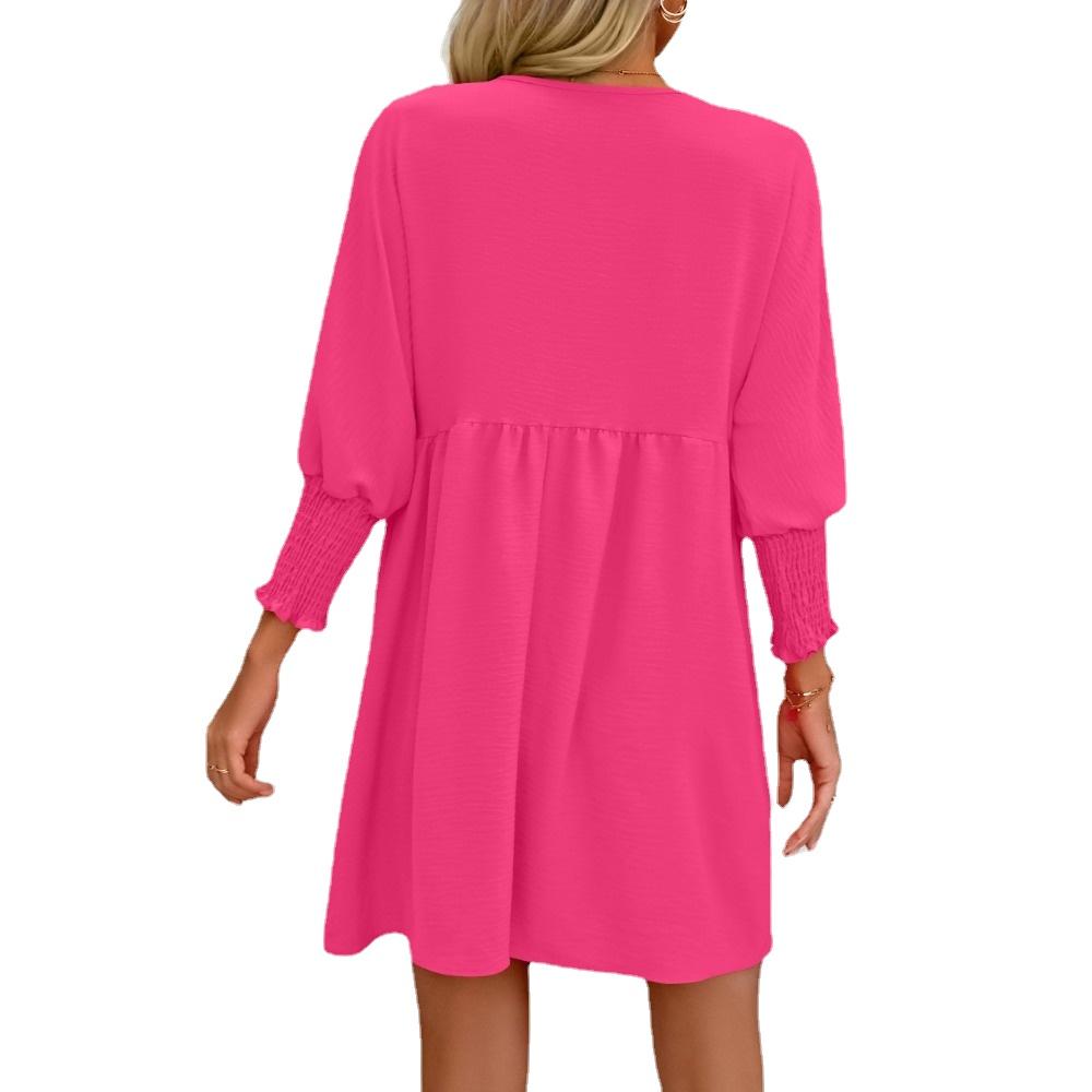 IHUASU Summer Solid Color Print Ladies Sweet Loose 1/2 Sleeves O-Neck Batsleeve Dress