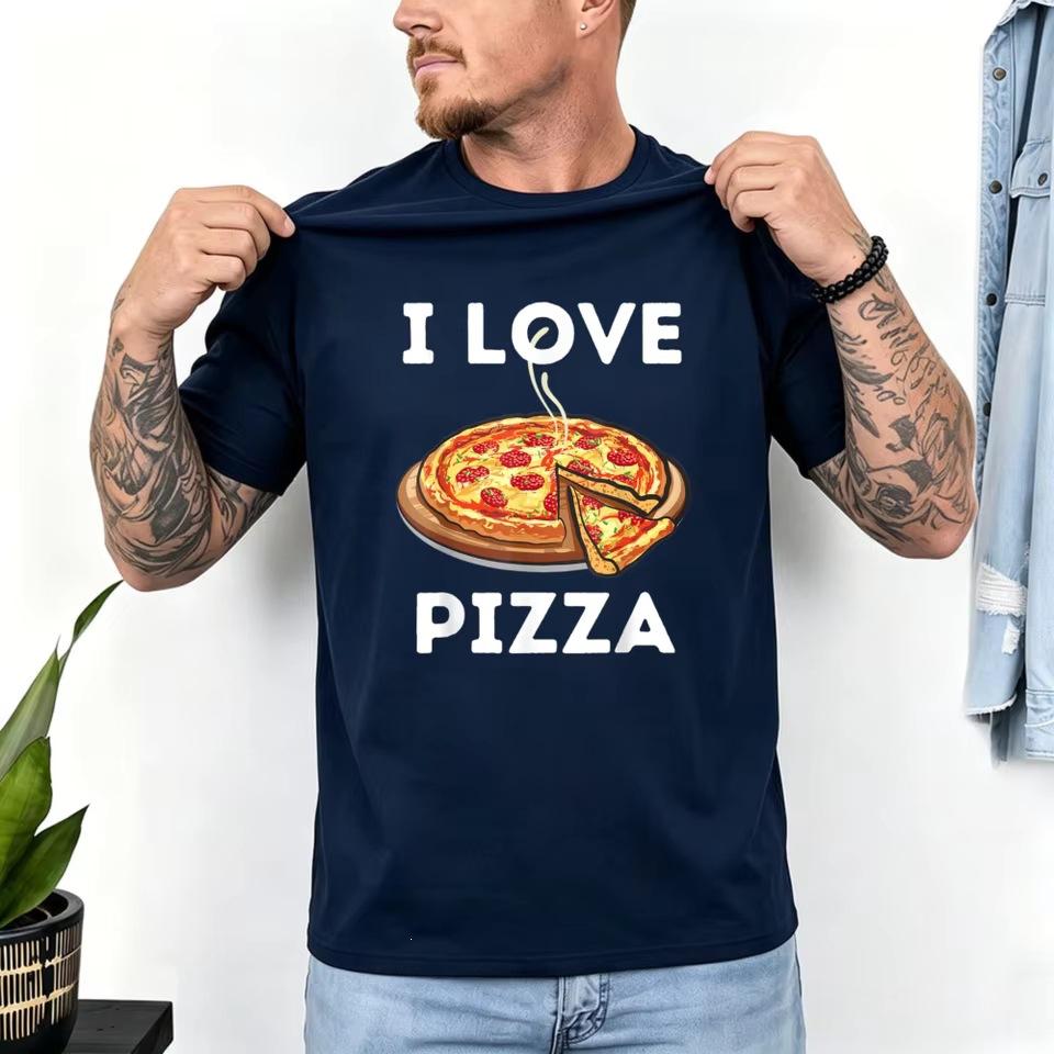 Cross-border Western trendy T-shirts for men, I Love Food tops, pizza cartoon print T-shirts, men's short-sleeve T-shirts
