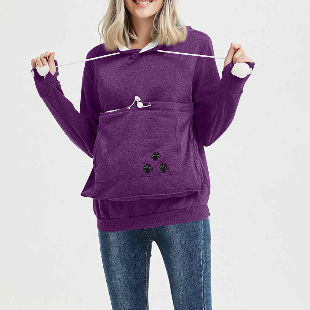 Women's Fashion Casual Top Solid Color Long Sleeve Pet Pocket Hoodie Sweatshirt