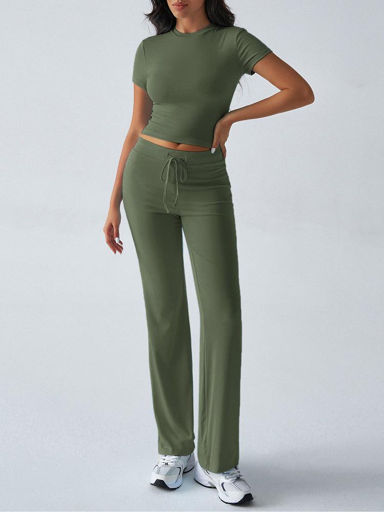 2025 European & American Women's Spring/Summer Solid Color Round Neck Set - Short Sleeve Top & Long Pants