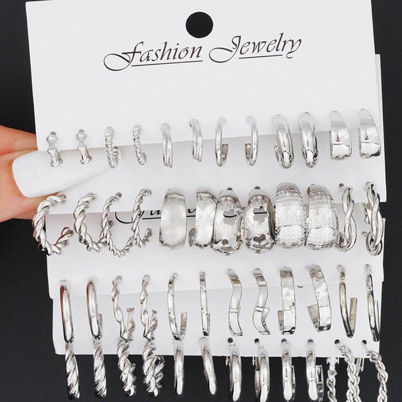 

Hong Kong Style Trendy Silver Pigment Ring Earrings Niche High-Grade Ear Studs Women Light Luxury 24 Pairs Set Earrings Western Style Silver-24 Pairs