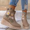 Fashion Slope Heel Thick Bottom Pointed Toe High Heeled Short Boots DLSYXDEmbroidery Back Zip Straw Hemp Rope Bottom Winter Ethnic Style