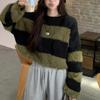 Imitation mink splicing striped contrasting color knitted sweater women's clothing autumn new soft waxy design sense retro loose sweater women