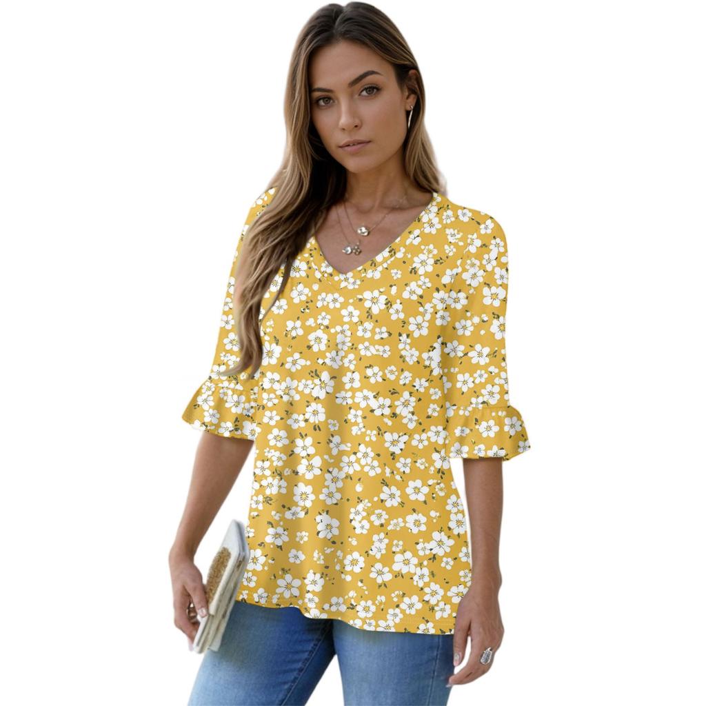 Women's Casual 3/4 Sleeve Tops V-Neck Sleeve T-Shirt Floral Print Tops