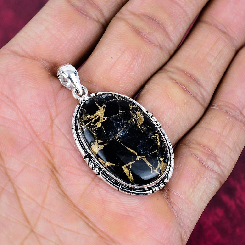 Schwarz-Kupfer-Türkis Anhänger Edelstein Schmuck, 925 Sterlingsilber Massiv Anhänger, Geschenk für Frauen Handgefertigter Anhänger