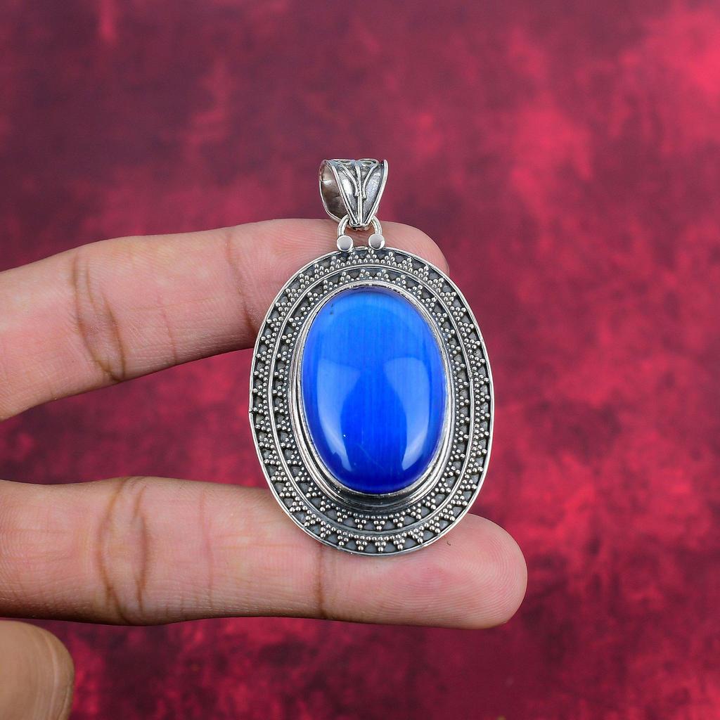 Blue Cat's Eye Handmade Jewelry, 925 Solid Sterling Silver Pendant Jewelry Decent Design Jewelry Gift For Her