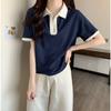 Women's Navy Blue Contrast Collar Half-Zip Polo Shirt Short Sleeve Slim Fit Casual Top