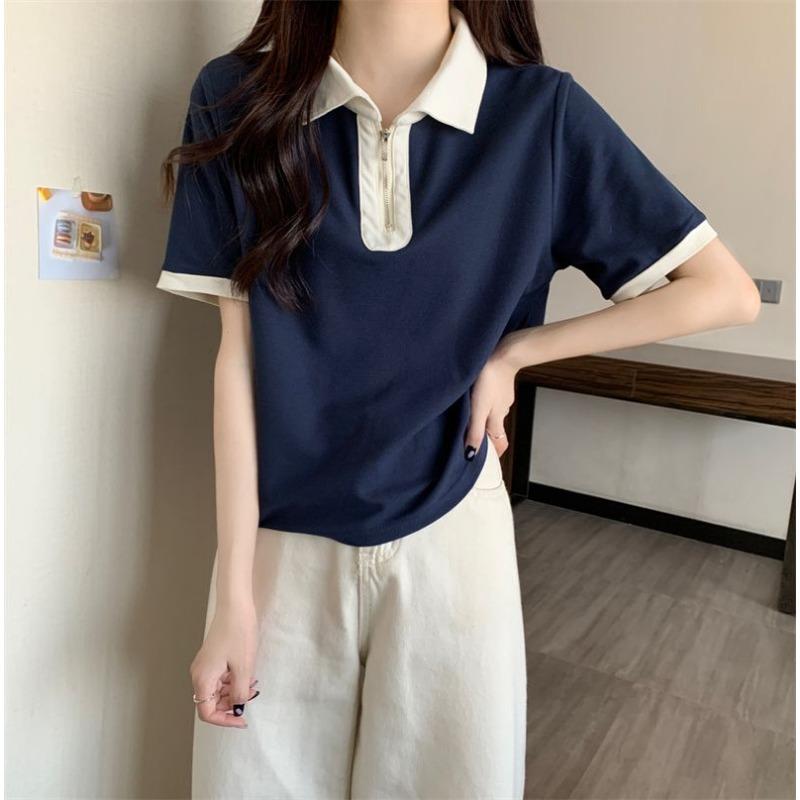 Women's Navy Blue Contrast Collar Half-Zip Polo Shirt Short Sleeve Slim Fit Casual Top