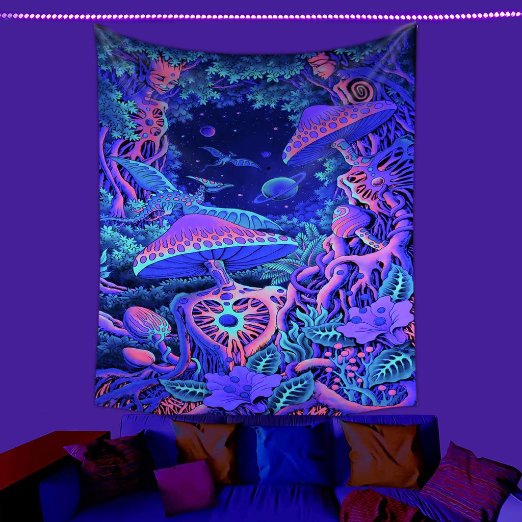 Psychedelic UV Fluorescent Tapestry Black Light  Aesthetic Wall Hanging Hippie  for Bedroom Indie Room Decor
