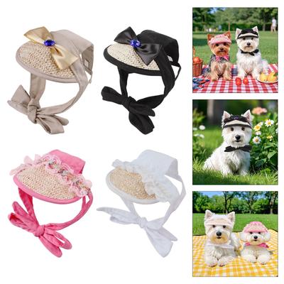 Sun Protective Dog Straw Hat Adjustable Strap Bowknot Hat for Puppies Outdoor Walking and Camping Sun Hat for Small Dog