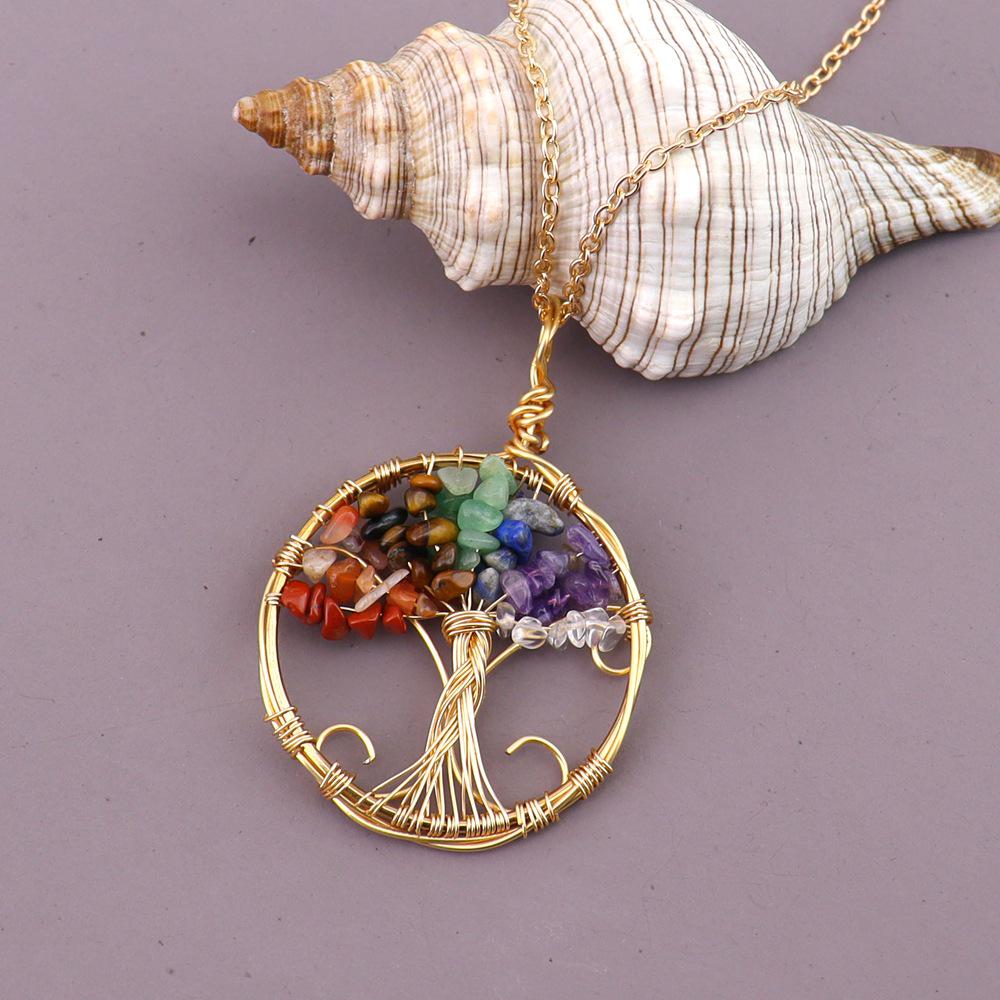 Collana in Pietra Naturale Albero della Vita Avvolta in Filo con Pietre Frantumate Multicolori - N750