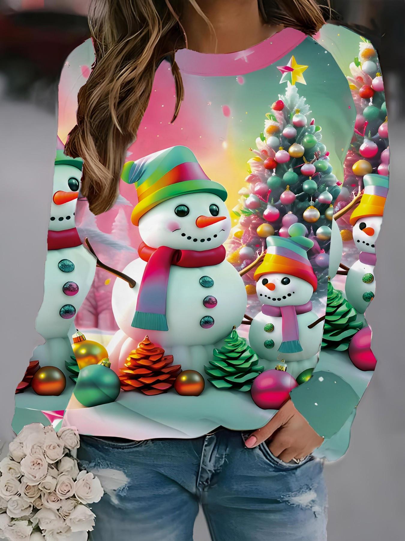 

Women s Christmas Printed Top - Snowman and Snowman Family Design, Soft Pink and Green Festive Top XL