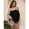 Autumn and Winter Women's Sexy Strapless Knitted Irregular Lapel Collision Splicing Loose Sweater