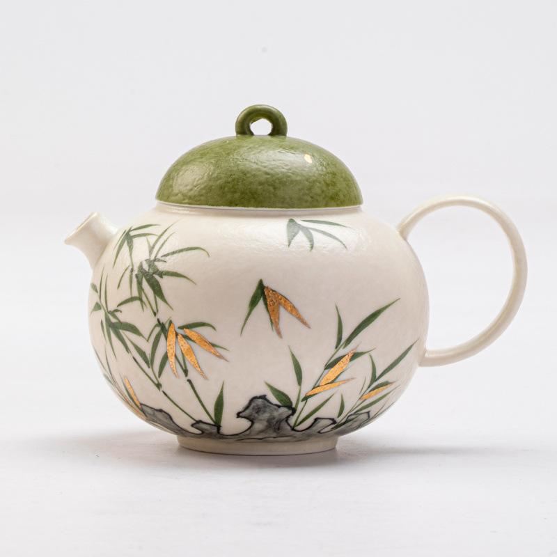 New Chinese hand-painted gold-painted bamboo ceramic teapot ball hole filter household tea anti-scalding hand single pot Kung Fu tea set