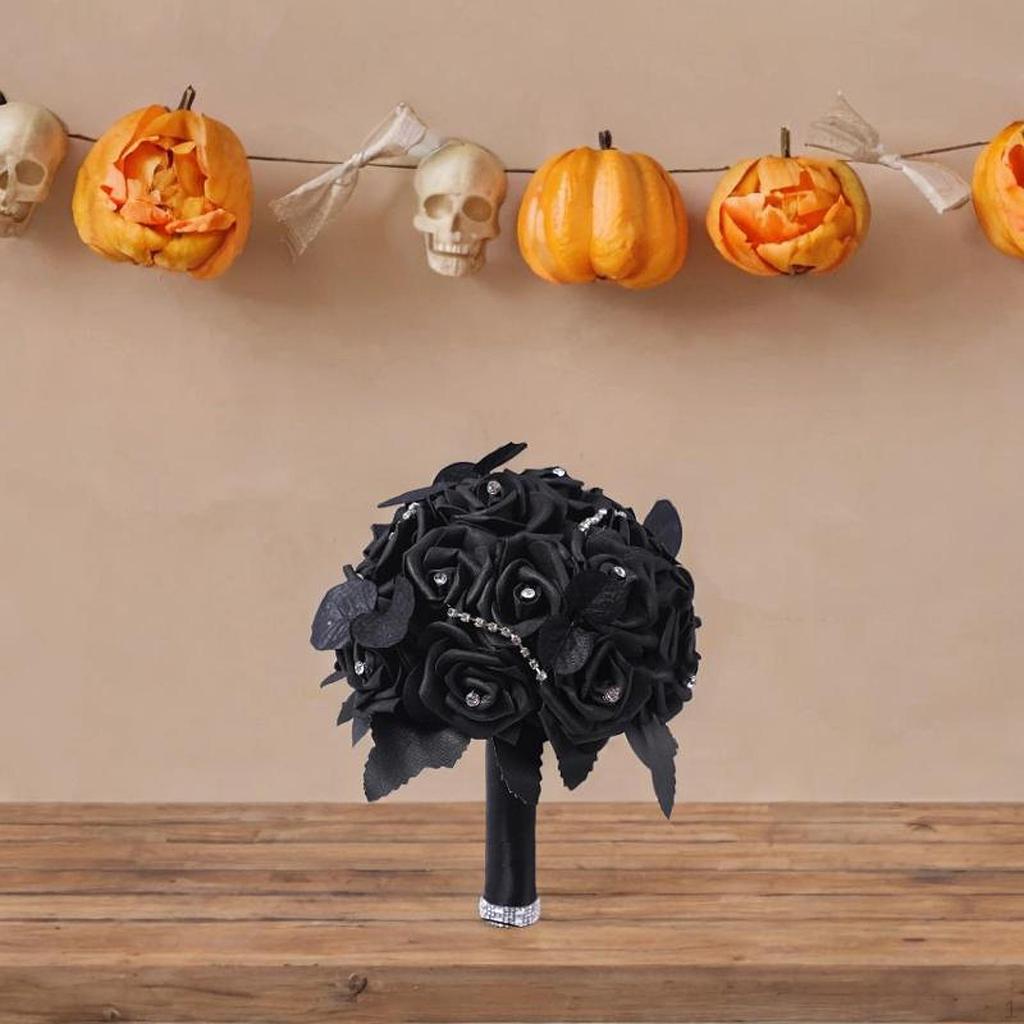 Artificial Rose Flowers Black Leaves Dark Wedding Ornament Twig Goth Flower Bouquet for Theme Party