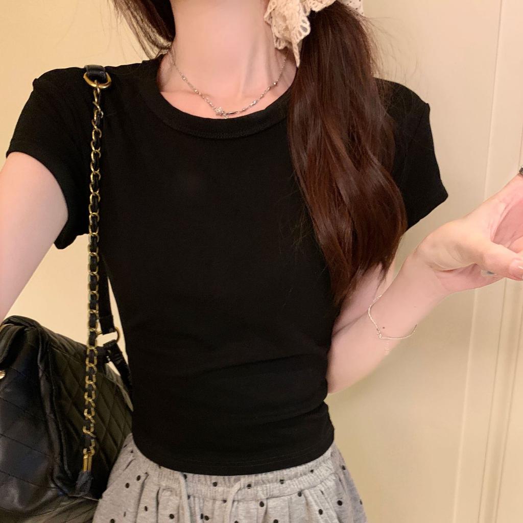 Forward Shoulder Round Neck Short-sleeved T-shirt for Women In Women's Summer New Solid Color Slim Short Hot Girl T-shirt Underwear Top for Women