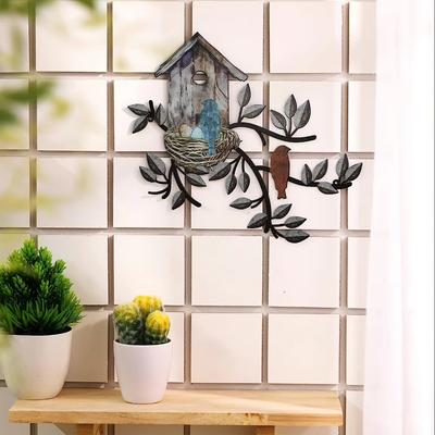 Árbol de metal para jardín con casita para pájaros - Decoración de pared. Artesanía en hierro con ramas de árboles y pájaros, escultura de metal para pared.