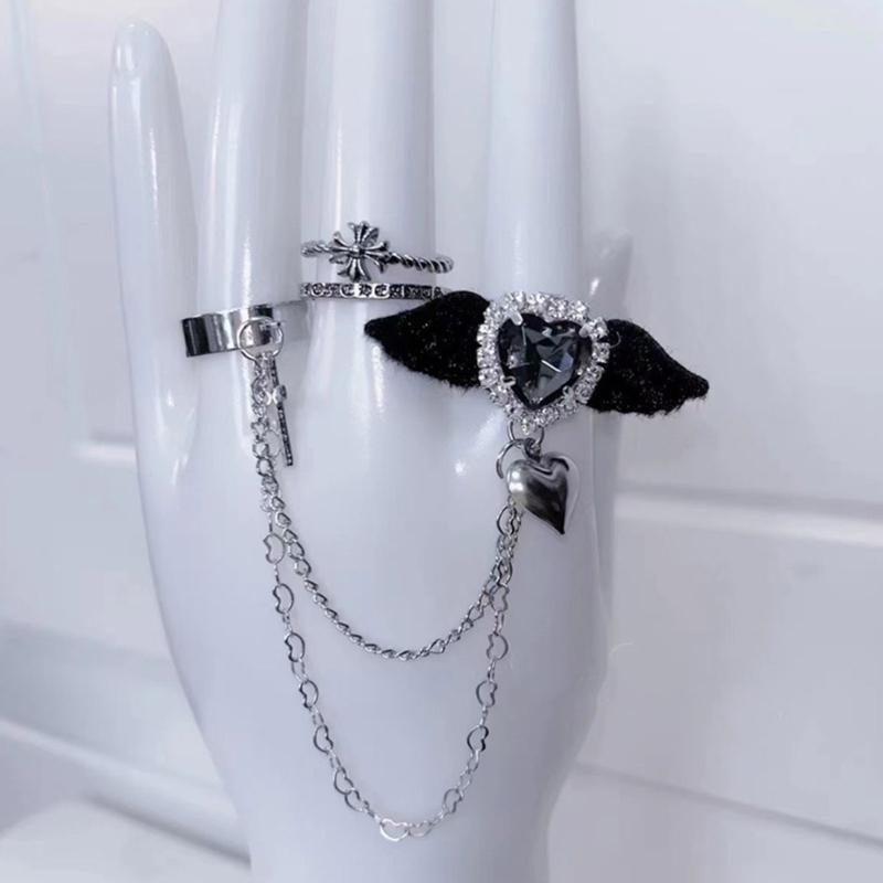 Halloween Devil Crossed Chain Rings Metal Double Finger Rings Fashion Punk Jewelry for Women Girls Ladies Accessories
