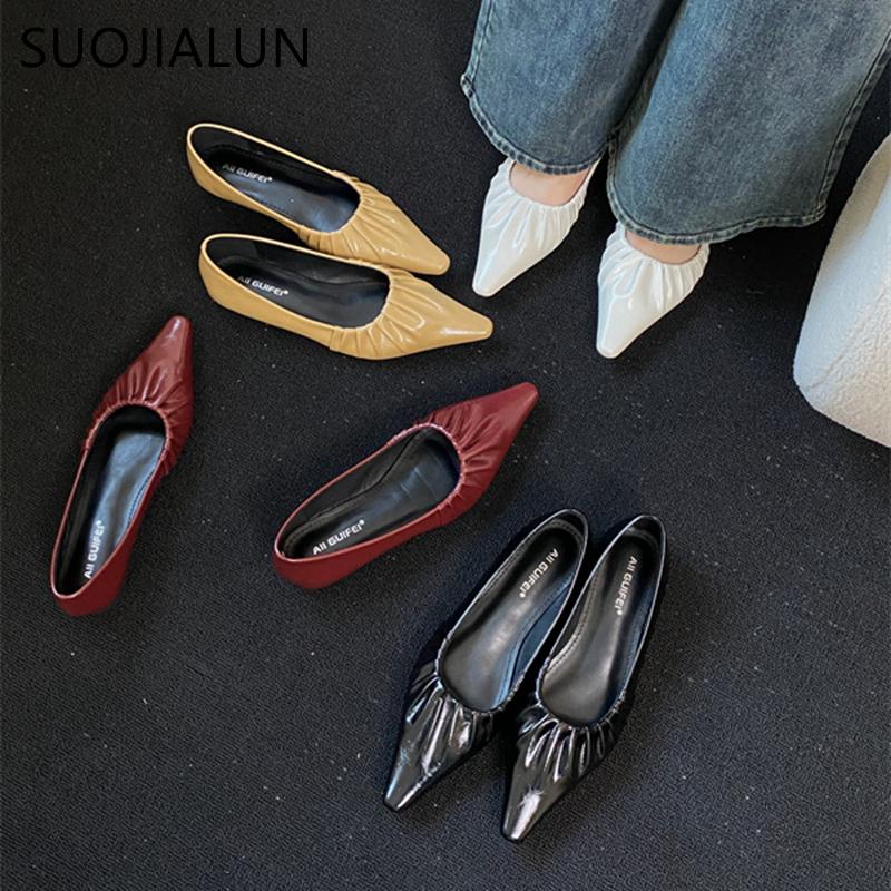 Fashion SUOJIALUN 2024 Spring New Women Flat Shoes Fashion Pleated Pointed Toe Ladies Ballerinas Shoes Flat Heel Shallow Slip On Ballet