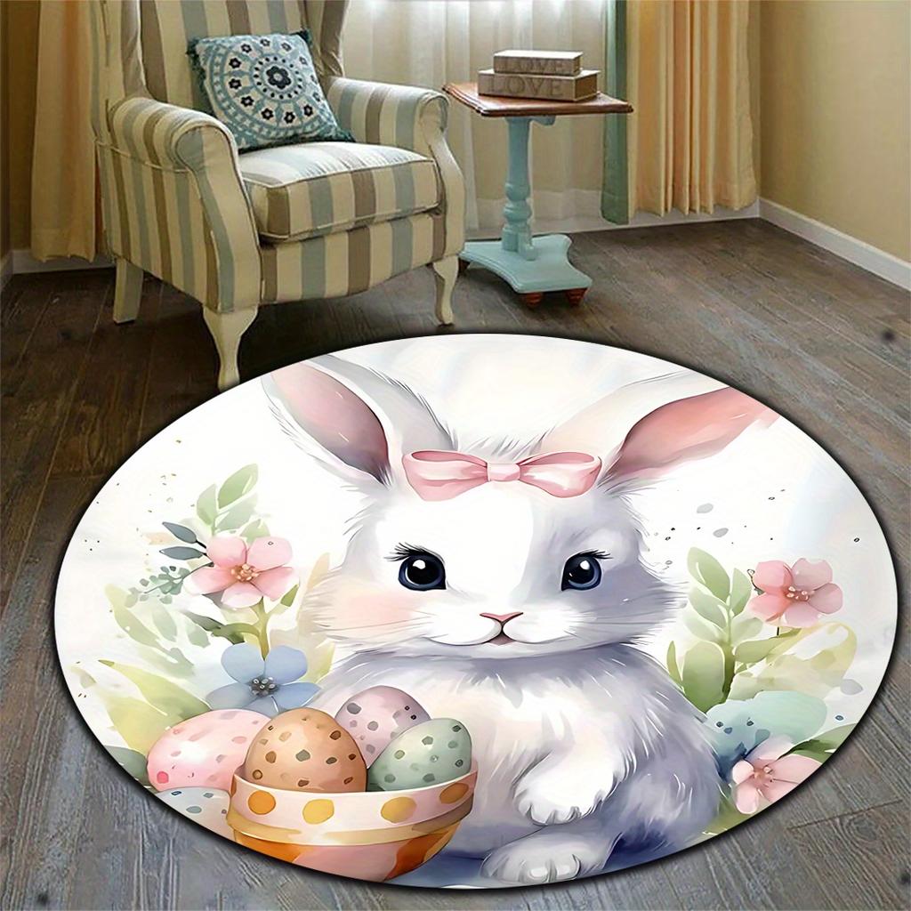 Easter Cute Rabbit Patterned Rug Round Area Rug Decoration Suitable for Living Room Bedroom Office Game Room Children Gift