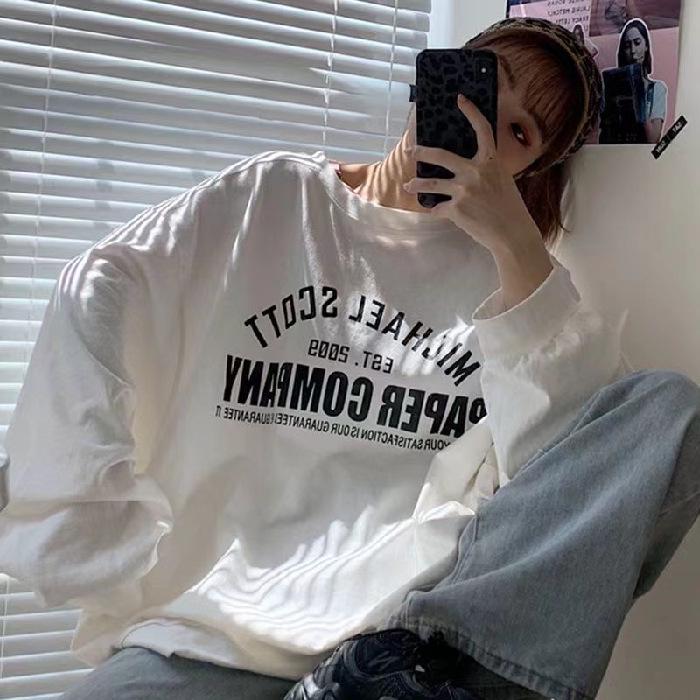 Women's Fleece Lined Loose Sweatshirt, Round Neck, 2025 Autumn/Winter Hong Kong Style, Japanese/Korean Casual Printed Top