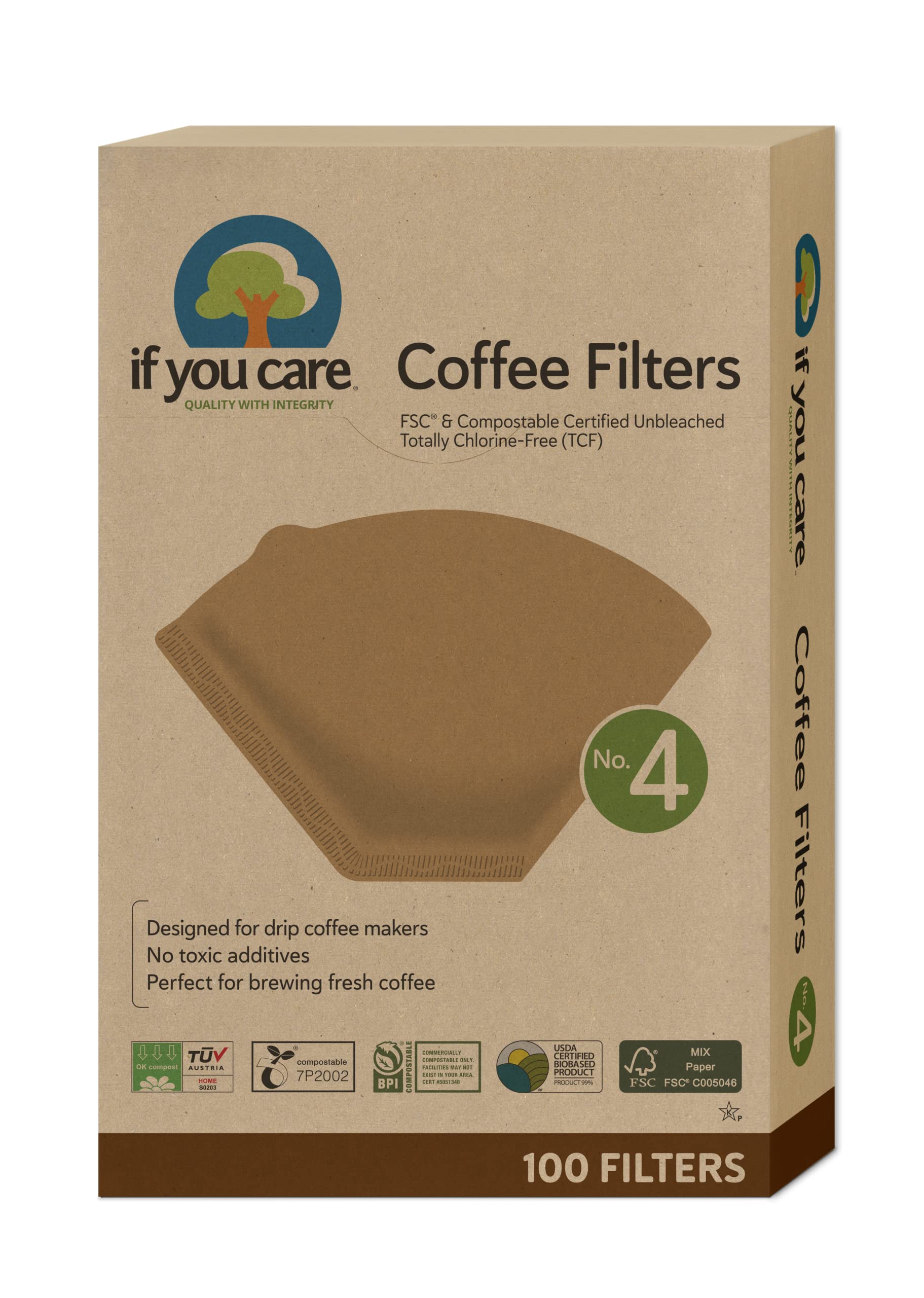 

If You Care FSC & Compostable Unbleached Coffee Filters, No. 4 Size, 1-4 Cups, Pack of 100, Compostable, Made in Germany