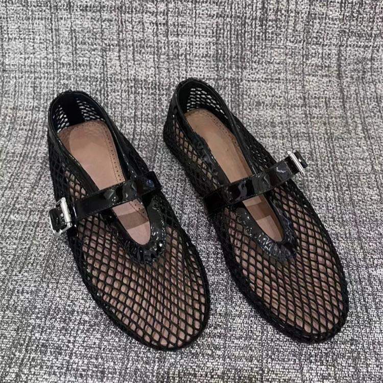 European and American Spring and Summer New Fashionable Hand-woven One-word Buckle Shallow Mouth Flat-bottomed Ballet Shoes Hollowed Out