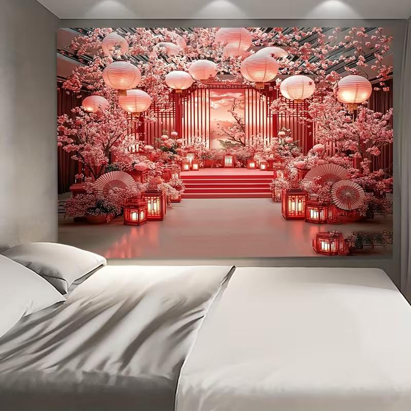 2D Red Lantern & Cherry Blossom Print Backdrop for Chinese Wedding Celebrations
