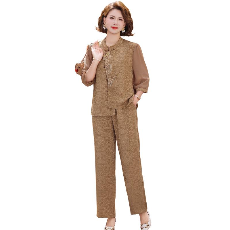 Chiffon Short Sleeve National Style Two-Piece Set for Middle-Aged Women