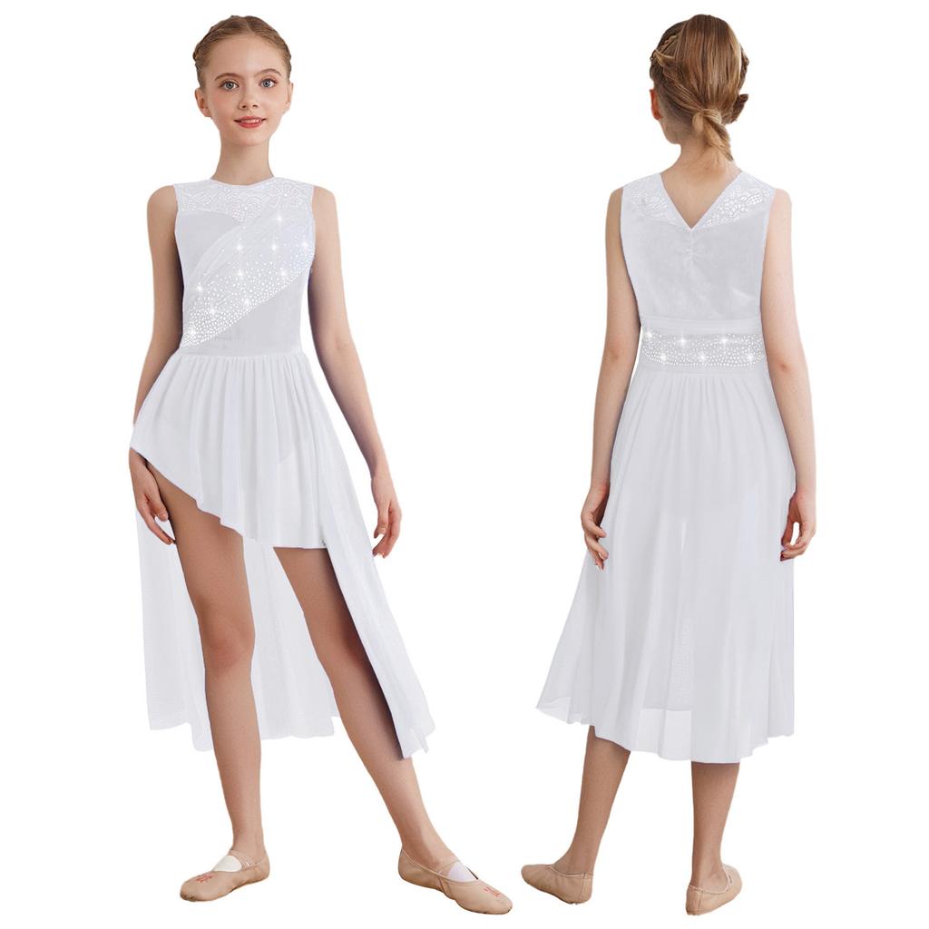 Lyrisches Tanzkleid für Mädchen: Funkelnde Strasssteine auf Spitzen-Patchwork & Raffinierte Netz-Überlagerung mit elegantem asymmetrischem Saum