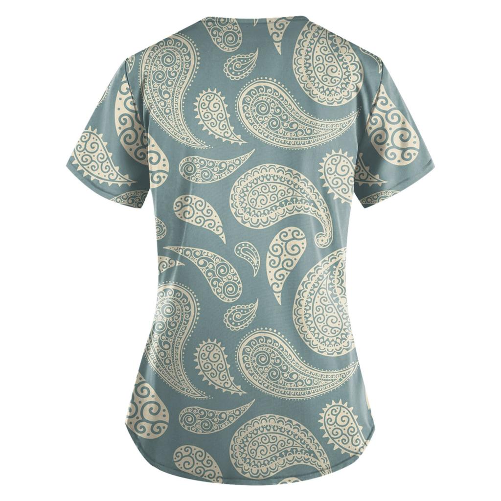 Women Fashion Spring And Summer Oil Painting Print V-neck Short Sleeve Workwear With Pockets Tops