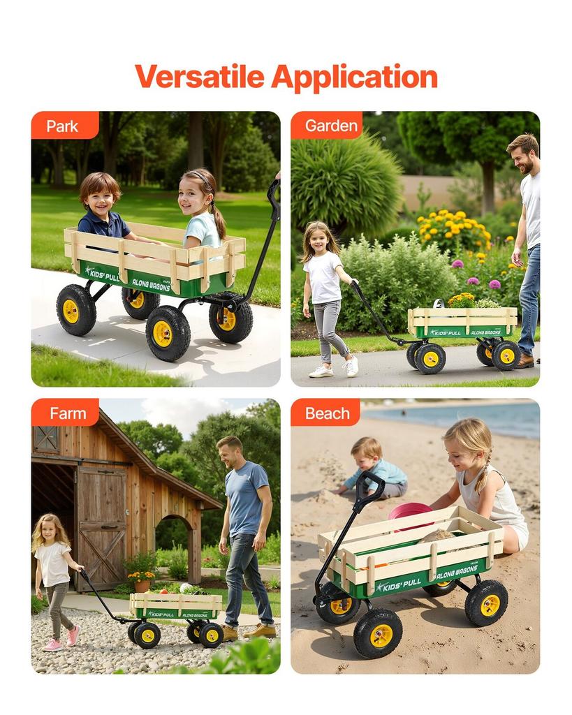 Pull-Along Wagon for Kids, 101cm Toddler Wagons with Wooden Panels & Handle, Supports Up To 150kg, All-Terrain Utility Wagon Cart Birthday Present for