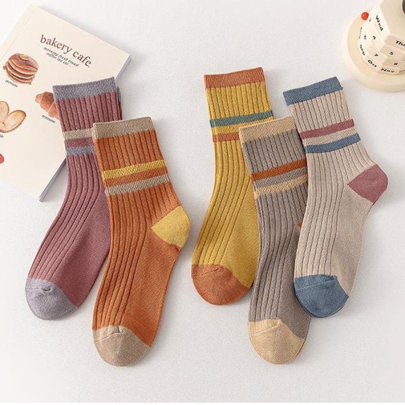 5 Pairs of Women's Spring and Summer Simple Color Stripes In The Tube Cotton Socks