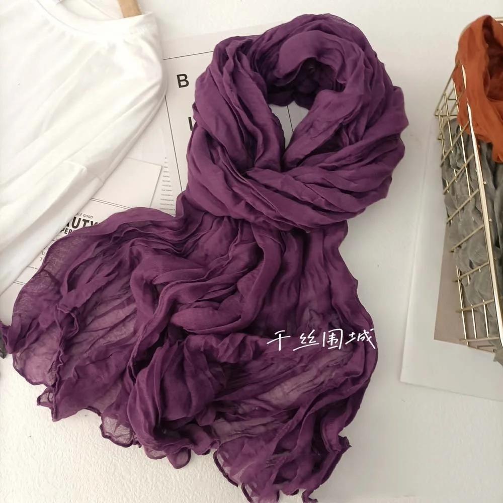 Vreovor Solid Color Scarf Retro Autumn Winter  Imitation Silk Pleated Green Retro Thin Long Strip Shawl Men And Women'S